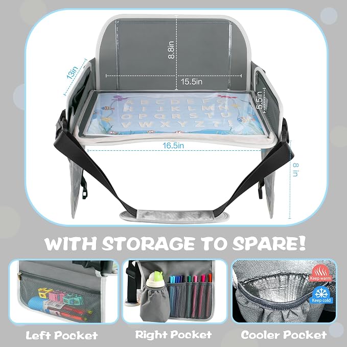 MENZOKE Kids Travel Tray for Toddler Car Seat, Toddler Gift for Boy Activities with Dry Erase Board & iPad Holder Stand, Road Trip Essentials Accessories Lap Tray for Boy as Birthday Gift, Grey