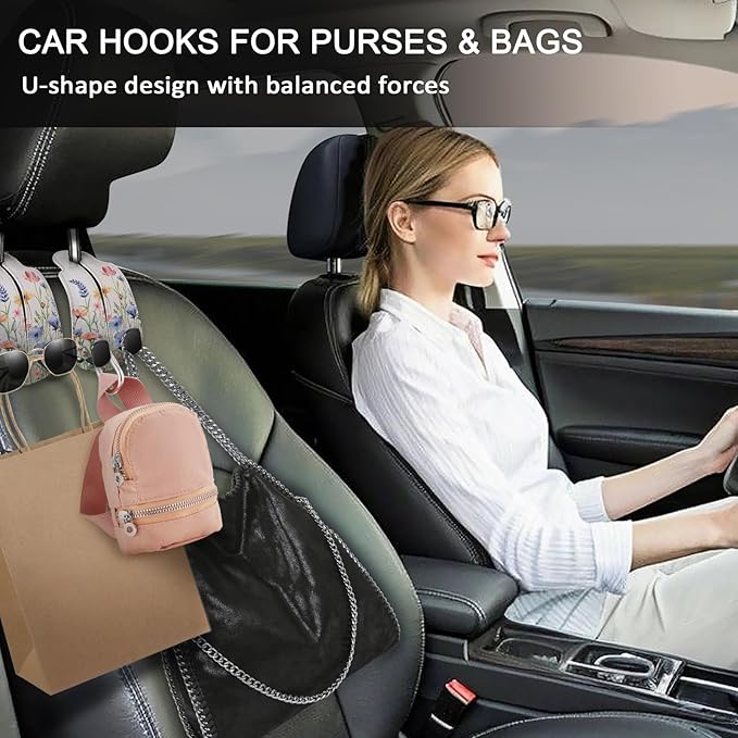 Blusabaca 2PCS Car Seat Back Storage Headrest Hooks, Floral Flowers Purse Holder Bags Hanger, PU Leather Double Metal Hook for Backseat Organizer, Women Car Accessories Organization