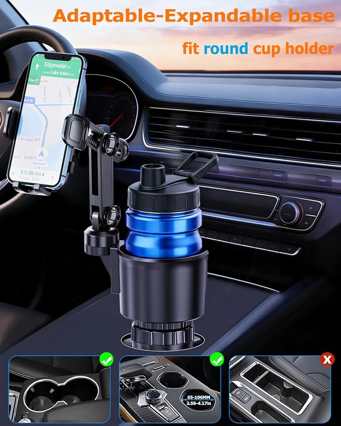 Phone Cup Holder for Car with Long Retractable Arm, 2 in 1 Universal Cup Holder Expander with Adjustable Base, 360° Rotation Phone Mount for Car & Truck - Holds All 4-7'' Smartphones