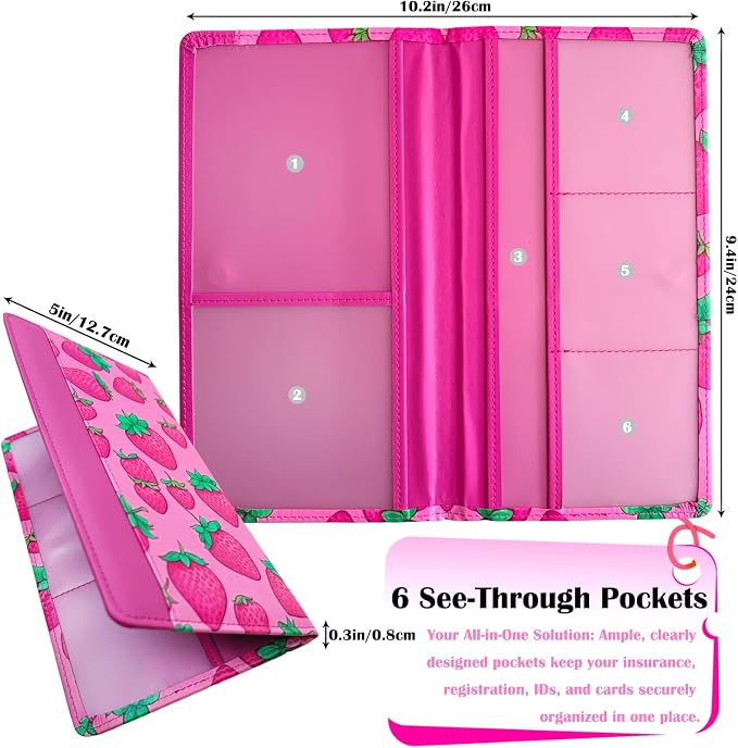 Car Registration and Insurance Holder with Magnetic Closure, Universal Document Organizer for License, Insurance Cards & Glove Box Storage (Strawberry-Hot Pink)