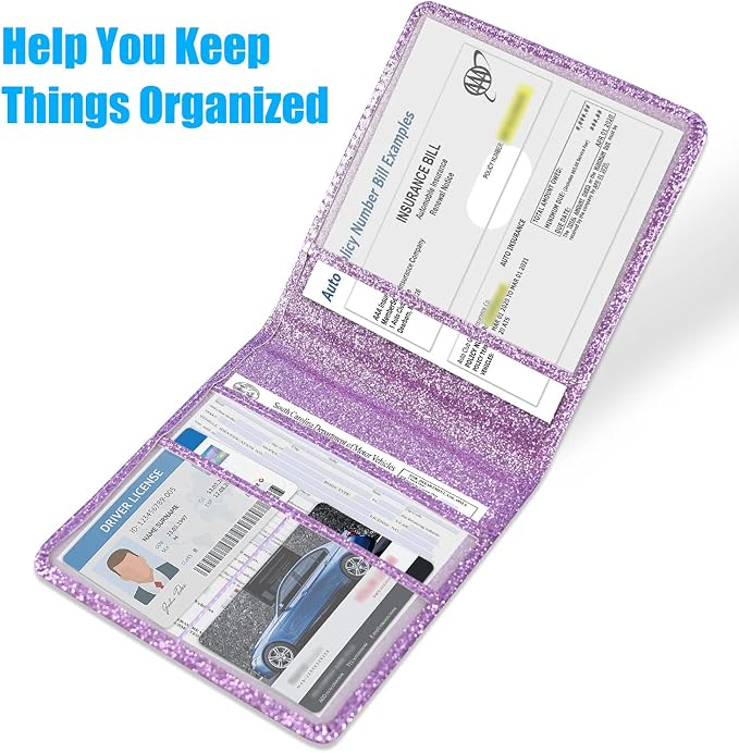 DMLuna Car Registration and Insurance Holder, Folio Leather Vehicle Card Document Glove Box Organizer, Driver License Cards, Glitter Purple