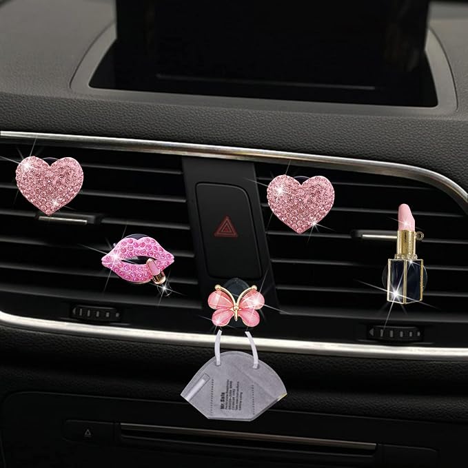 Bling Heart 4 Pcs Pink Lip Air Vent Clips + Butterfly Mask Hook