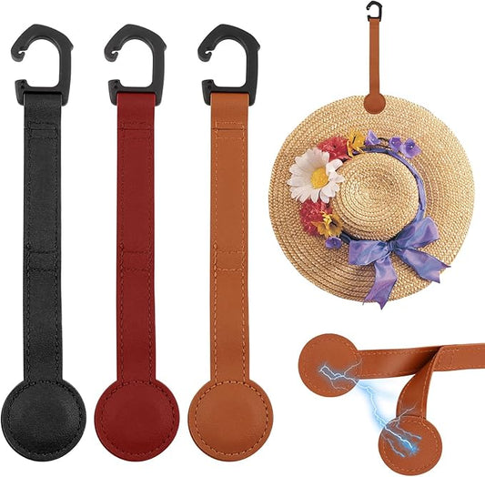 Magnetic Hat Clip Set for Travel, 3 Pcs Leather Hat Holder with Headrest Hook, Cowboy Cap Organizer for Truck SUV Travel, Multi-Purpose Storage Clips, Black Brown Burgundy