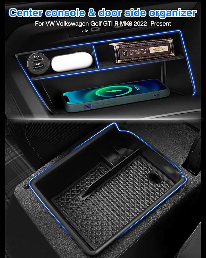 Karltys 2PCS Center Console Organizer Tray for 2022-2026 VW Volkswagen Golf GTI R MK8 Accessories Middle Console Tray Armrest Storage Box with Non-Slip Silicone Mat