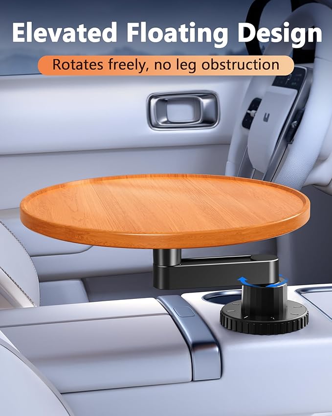 Wood Car Cup Holder Tray Table for iPad Laptop Food, 360 Swivel Car Desk for Working & Eating, Easy Mounting Car Road Trip Essentials for Tesla Model 3 Y Sedan SUV Pickup Semi Truck RV