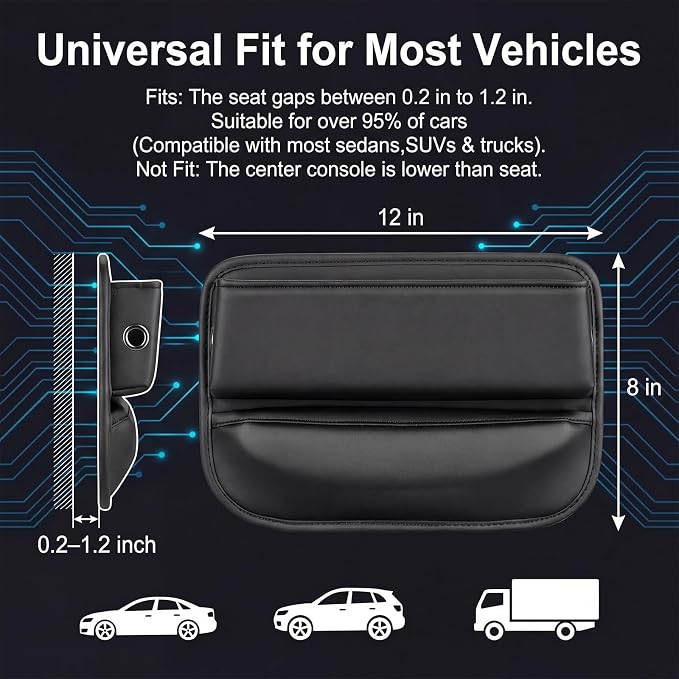 Car Seat Gap Filler Organizer, Premium Leather Seat Gap Filler Organizer, Easy Access Multi-Purpose Organizer For Car (Black, 1 Pack)
