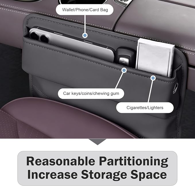 Car Seat Gap Organizer, Leather Multi-Pocket Storage Pouch, Automotive Seat Gap Organizer for Phone, Keys & Small Items, Universal for Most Cars (Gray)