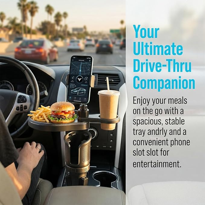 Car Cup Holder Tray, 3 in 1 Multifunctional Vehicle Food Water Bottle Phone Holder Expander Adapter with Adjustable Base, Detachable Auto Interior Food Tray Table, Universal Fit (Gray)
