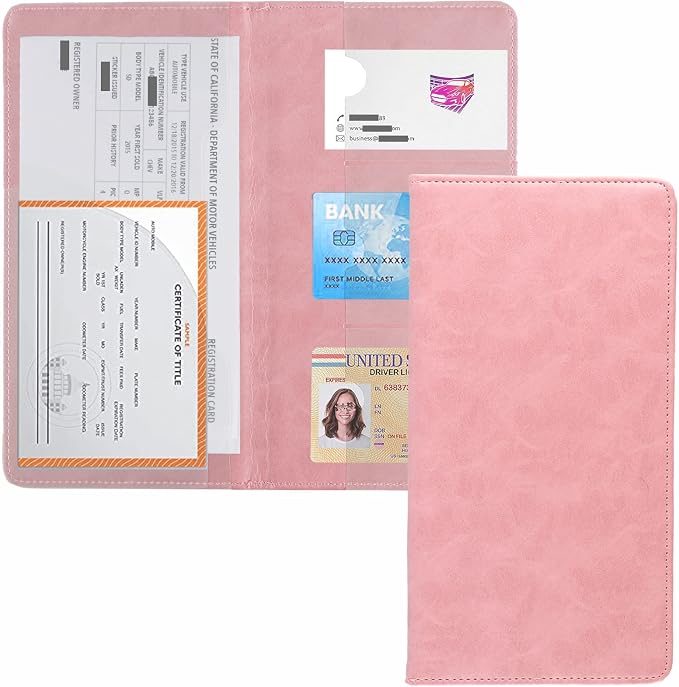 UYYE Auto Car Registration and Insurance Documents Holder - PU Leather Vehicle Glove Box Documents Organizer Wallet, Car Interior Accessories Case Holder for Essential Automobile Documents（Pink）