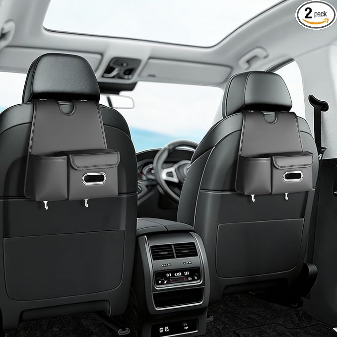 Car Organizer Back Seat, Car Water Cup Travel Tissue Holder Organization Universal car seat Back Storage Sedan SUV Compatible Vehicle Interior Accessories Hand-Sewn car Leather Storage Bag 2pc