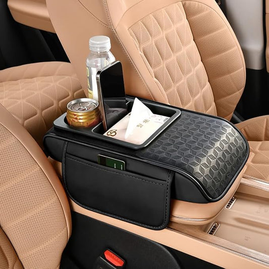 Car Center Console Cover, Auto Car Armrest Cushion 5-in-1 with Cup Holder, Tissue Box Slot, Phone Slot for Vehicle, Car Accessories Interior Storage Organizers (Black)