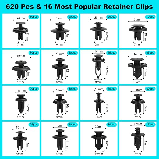 620pcs Push-Type Retainer Clips, Bumper Fender Nylon Rivets of 16 Most Popular Sizes and 5 Fastener Removers for Most Models