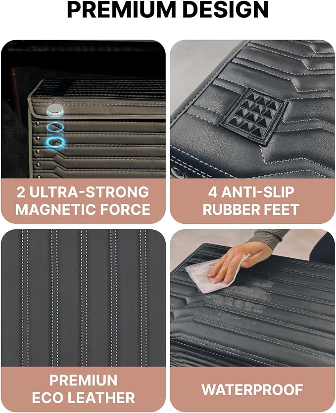Owleys Trunk Storage 17.7" Collapsible Crate For Groceries, Tools & Travel Gear - Eco-Leather Car Organizer With Magnetic Lid - Practical Birthday Gift For Men (Highway 17)