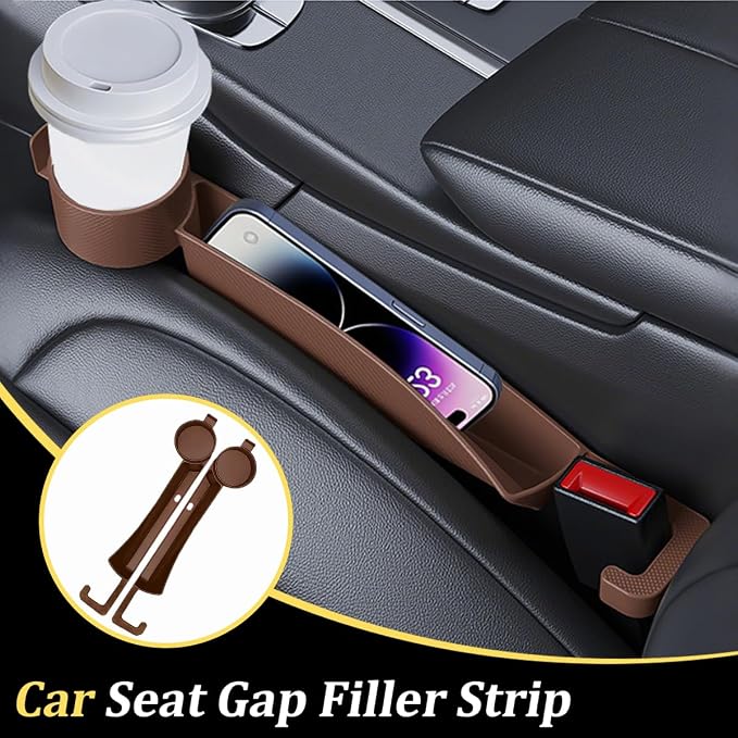 2PCS Car Seat Gap Filler, Soft Carbon Fiber Vehicle Between Seat and Console Organizer with Cup Holder, Prevent Falling Automotive Interior Chair Gap Plug, Universal Fit (Brown)