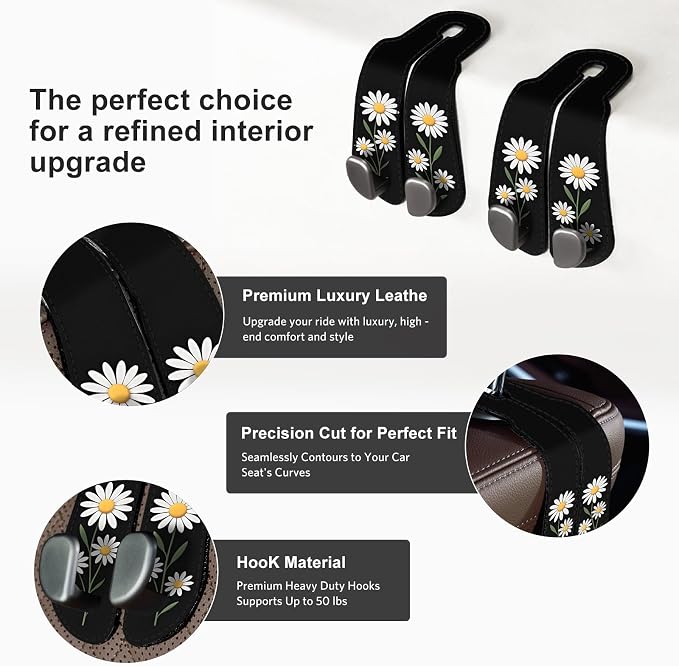 CoBak Purse Hook for Car - Universal Premium Stitched Leather and Aluminum-Magnesium Alloy Double Car Seat Back Storage Hook for Purses, Handbags, Bags (2 Pack),Daisy