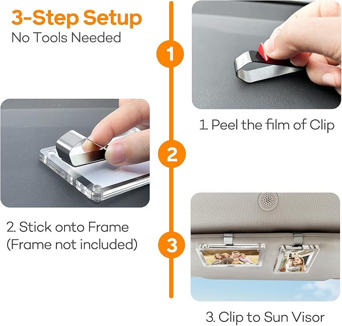 8-Pack Stainless Steel Clips with 3M Adhesive – DIY Sun Visor Mounting Kit for Photo Frames (Not Included) – Strong Hold Car Visor Accessory for Custom Displays, Home & Office Use