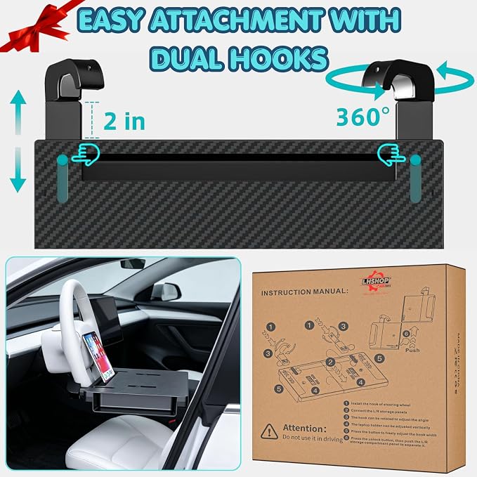 2-in-1 Car Steering Wheel Desk & Seat Gap Organizer Tray | Carbon Fiber Finish, Foldable Adjustable, Multi-use for Laptop Work, Eating and Storage, Gifts for Truck/ Tesla or SUV Owners
