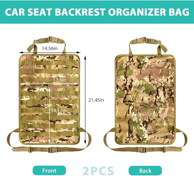 2 PCS Car Seat Back Organizer, Tactical MOLLE Sag Proof Vehicle Panel Backseat Cover Protector, Universal Molle Nylon Storage Bag Seat Back Hanger Pad for Car Truck SUV Pickup (Camouflage CP)