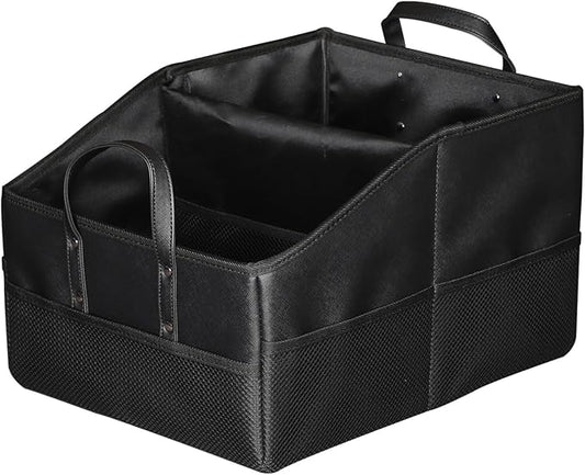 Collapsible Car Seat Organizer with 9 Compartments, Folds Flat, Black | Dividable Partitions storage with dividers & mesh pockets. Fits front/back seats. Folds flat for easy storage when not in use