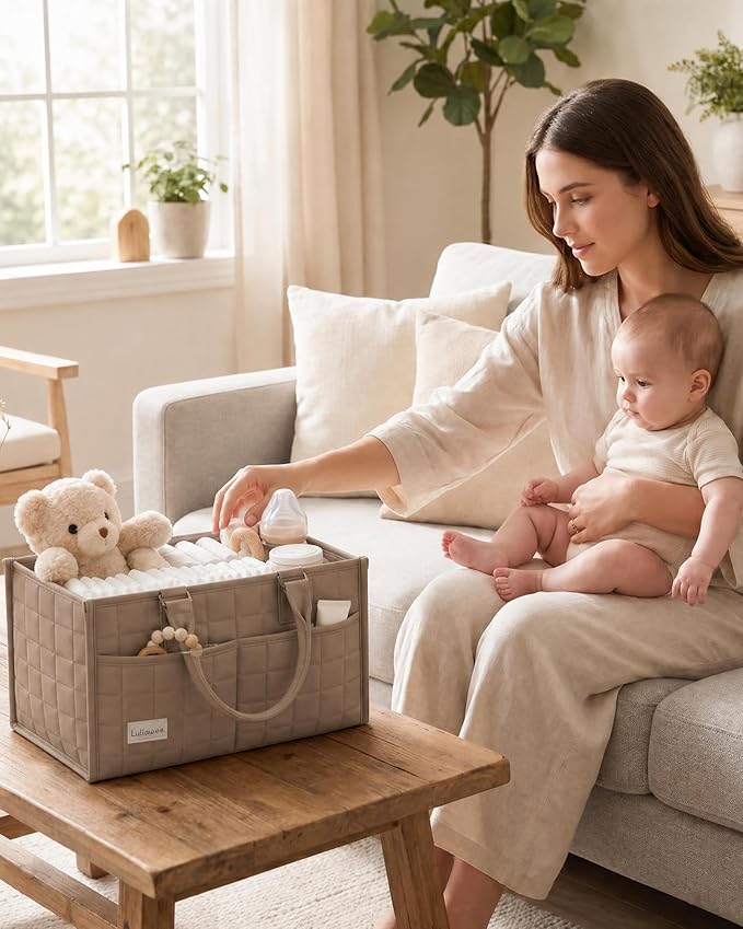 Baby Diaper Caddy Organizer, Portable Nursery Storage Basket with Handle for Newborn Boy or Girl, Gift for Baby Shower Essentials, Registry Must Have Bag, Caddie Car Organizer, Brown
