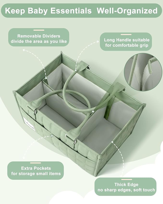 Baby Diaper Caddy Organizer, Portable Nursery Storage Basket with Handle for Newborn Boy or Girl, Gift for Baby Shower Essentials, Registry Must Have Bag, Caddie Car Organizer, Light Green