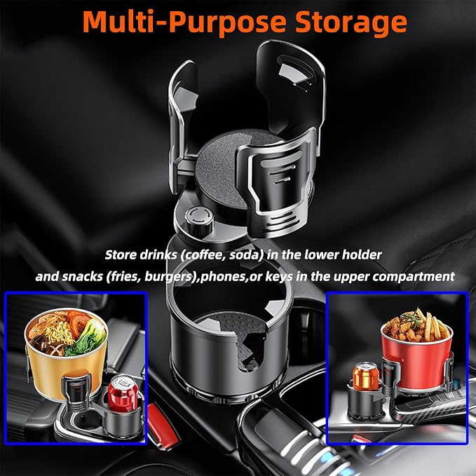 Dual-Layer Car Cup Holder Expander – Lower Cup Holder (9cm) + Upper Adjustable Bucket Holder (Fits 9.5–20 cm Diameter) – for Drinks, Popcorn, Fried Chicken Buckets, Phones – Non-Slip, Universal Fit