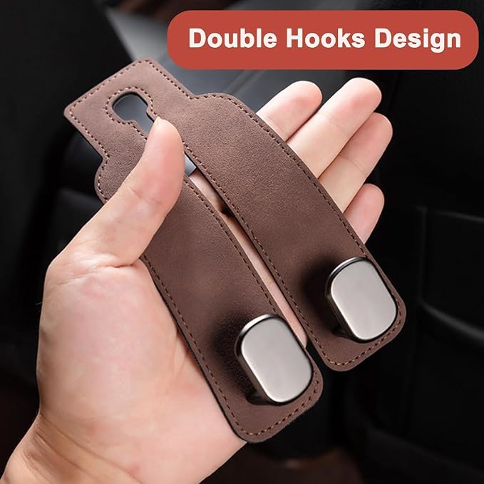 Amelity Universal Car Headrest Hooks, Women’s Car Interior Accessories for Purses Handbags Grocery & Backpacks, Brown 4 Pack