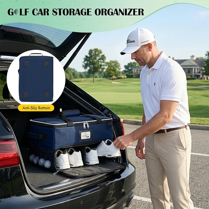 RAINSMORE Golf Trunk Organizer Golf Bag Organizers Golf Shoe Bag with Separate Ventilated Compartment for 2 Pair Shoes Golf Accessories for Balls, Gloves, Clothes