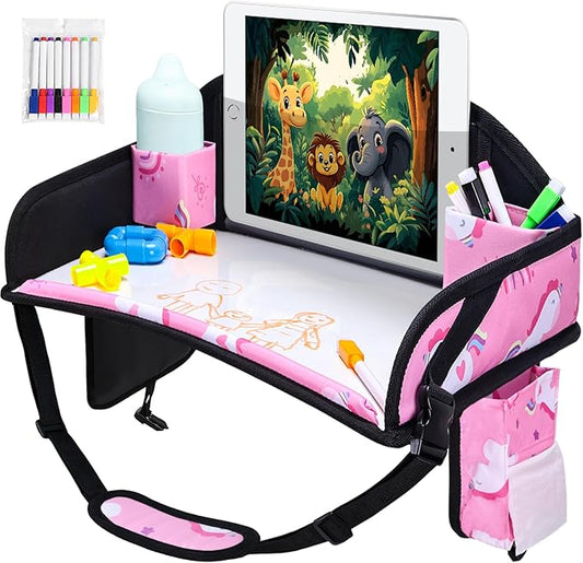 Kids Travel Tray, Car Seat Tray for kids Travel, Toddler Road Trip Essentials With Drawing Kit, Toddler Lap Desk Organizer for Car, Carseat Table for Airplane