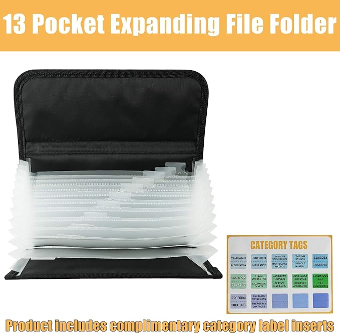 Vehicle Glove Box Organizer Large Capacity Car Registration and Insurance Holder for Car Documents License Cards with 13 Pocket Expanding File Folder 2 Cards Pockets