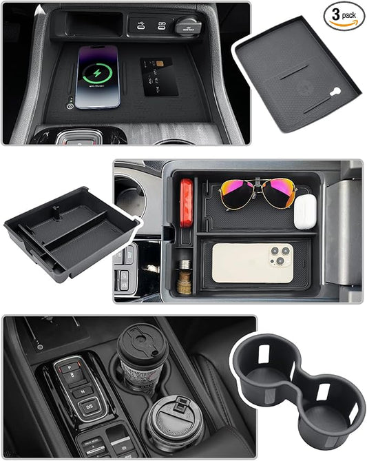 CDEFG 3Pcs Center Console Organizer for 2026 Honda Passport (RTL/TrailSport Elite/TrailSport) Accessories Middle Console Storage Box Cup Holder Wireless Charging Console Mat