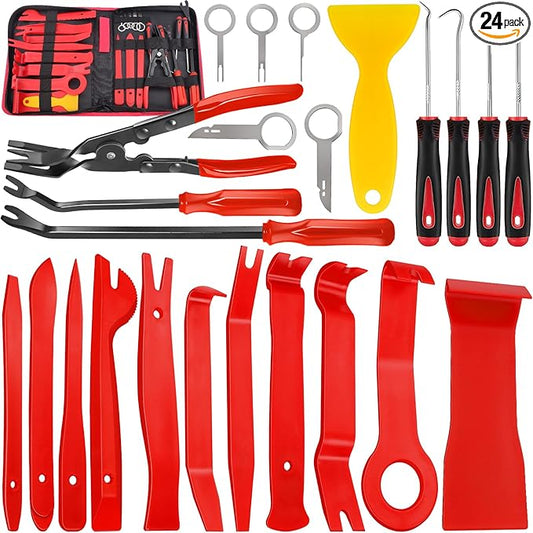 Keze 24Pcs Trim Removal Tool Set with Pick & Clip Removal Tool, Sticker Scraper, Automotive Plastic Pry Tool, Car Panel Door, Stereo, Fastener Remover Kit, for Auto Interior, Molding, Dash(Red)