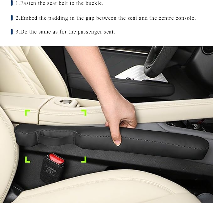 2 PCS Leather Car Seat Gap Filler, No Drop Auto Gap Seam Filler Slide Free Pad with Securing Strap, Seat Crevice Plug Drop Blocker Between Seats & Consoles for SUV Truck Sedan (Black)