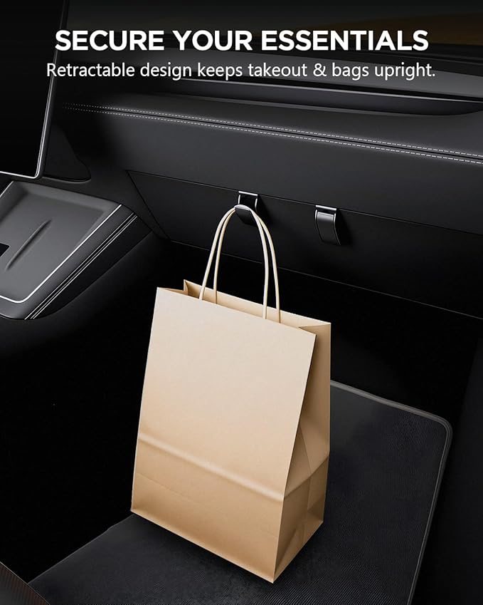 4-Pack Car Hooks for Tesla Model Y Juniper & Model 3 Highland Accessories 2026 2025, Retractable Glove Box Hanger & Rear Seat Clip, Interior Organizer for Handbag, Backpack, Grocery Bag