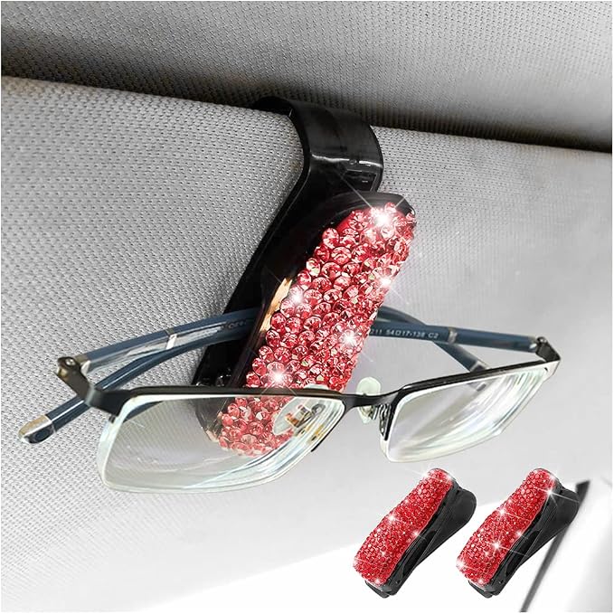 Moly Magnolia 2 PCS Glasses Holders for Car Sun Visor, Fashion Bling Crystal Rhinestones Car Eyeglasses Sunglasses Hanger Mount with Ticket Card Clip for Women Girls (Red)