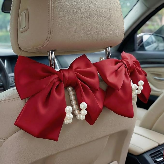 2PCS Satin Bow Pearl Car Seat Headrest Hooks – Car Bag Holder & Vehicle Hanger for Purses – Cute Coquette Aesthetic Interior Decoration – Cute Auto Organizer Accessories Universal (Red)