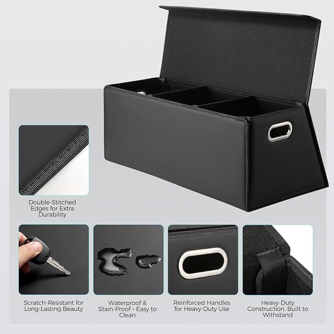 Fyzeoty Car Organizers and Storage - Trunk Organizer for Suv Car,Car Trunk Leather Storage Box,Extra Large,Magnetic Lid,Collapsible and Adjustable Trapezoidal-Black
