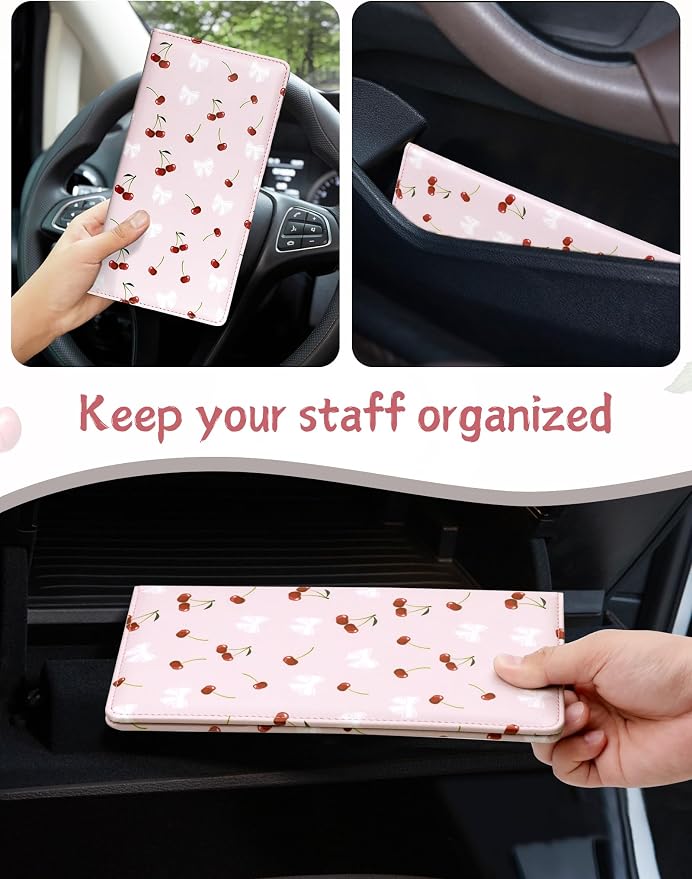 Mymazn Car Registration and Insurance Holder, PU Leather Glove Box Car Organizer with Magnetic Closure for Driver's License & Essential Documents (Pink Cherry)