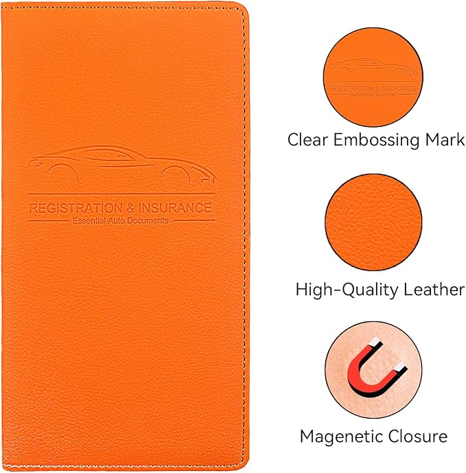 Car Registration and Insurance Holder, Premium Pu Leather Vehicle Glove Box Organizer - for Driver License, Cards & Essential Documents (L-Orange)