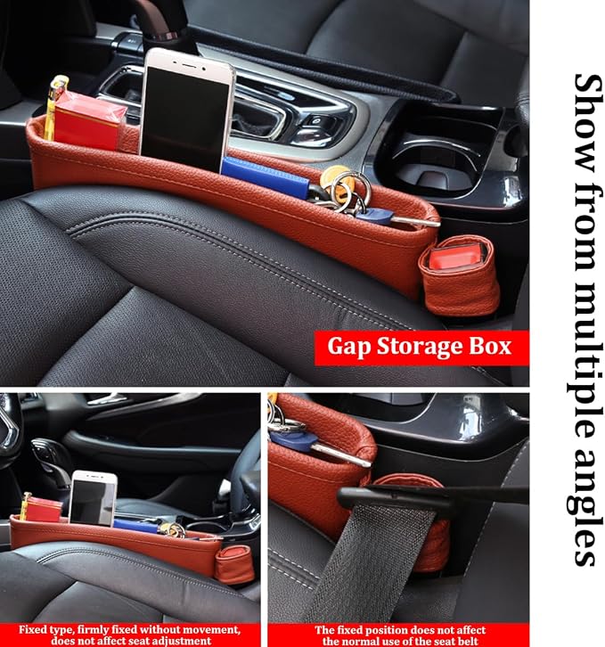 2PCS Car Seat Gap Filler Organizer, Leather Seat Gap Catcher Holder Pocket for Phones Keys Glasses, Auto Center Console Side Crevice Stopper Storage Box, Universal for Vehicles (Brown)
