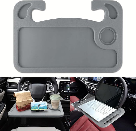 2 in 1 Car Steering Wheel Desk, Car Tray, Car Steering Wheel Desk Tray & Auto Seat Gap Filler Organizer, Multipurpose Travel Auto Steering Wheel Under Table Console for Most Vehicles (Grey)