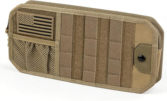 Molle Car Sun Visor Organizer,Car Accessories with Zipper Visor Storage Pouch&Glasses Clip&Adjustable Straps, Semi-Rigid Molle Panel for Tactical Gears, Fits Most Vehicles, SUVs (Khaki)