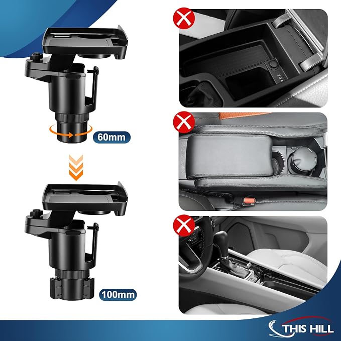 This Hill Cup Holder Tray for Car, 2 in 1 Detachable Car Food Table Tray with Solid Base & Phone Slot,Car Cup Holder Expander with 360°Rotation Tray for Travel Road Essentials
