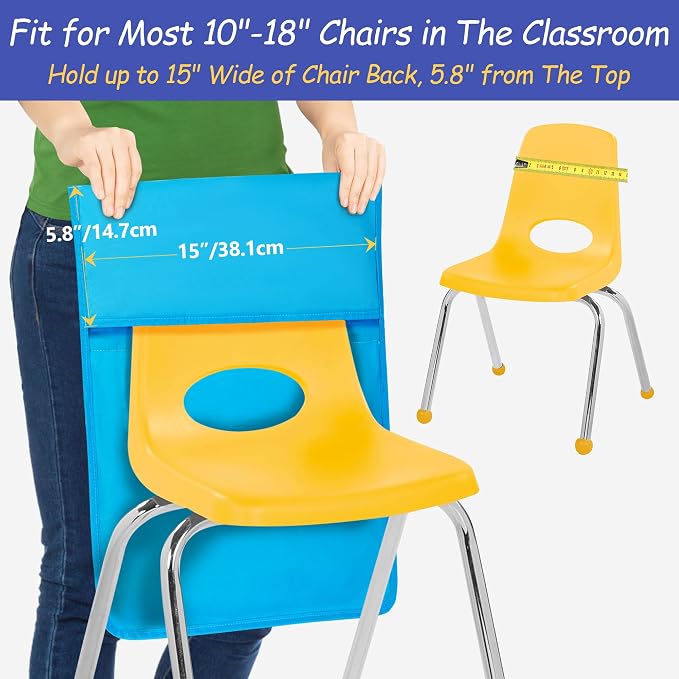 15” x 20” Chair Pocket for Classroom, 1 Piece Seat Sack, Chairback Buddy Organizer Pocket for School, Kindergarten with Name Tag, Mesh Pockets, Binder Pages Storage (Blue)