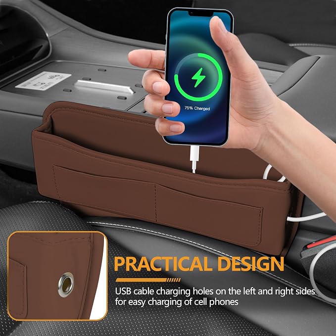 Car Seat Gap Filler Organizer with Card Holder, Leather Center Console Side Seat Gap Storage Box, Automotive Seat Organizer with Pocket for Glasses Phone Card, Car Accessories (Brown)