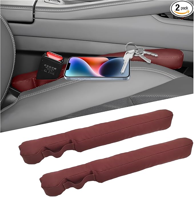 2 PCS Leather Car Seat Gap Filler, No-Drop Seat Guard Crevice Plug Blocker with Securing Strap, Universal Vehicle Gap Catcher Stop Things from Dropping, Car Accessories (Wine Red)