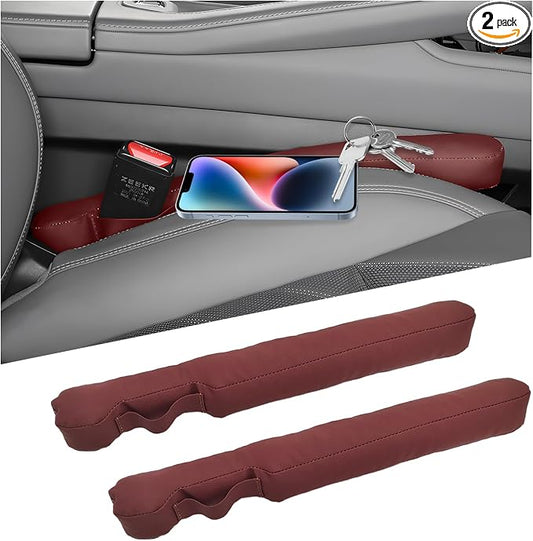 2 PCS Leather Car Seat Gap Filler, No-Drop Seat Guard Crevice Plug Blocker with Securing Strap, Universal Vehicle Gap Catcher Stop Things from Dropping, Car Accessories (Wine Red)