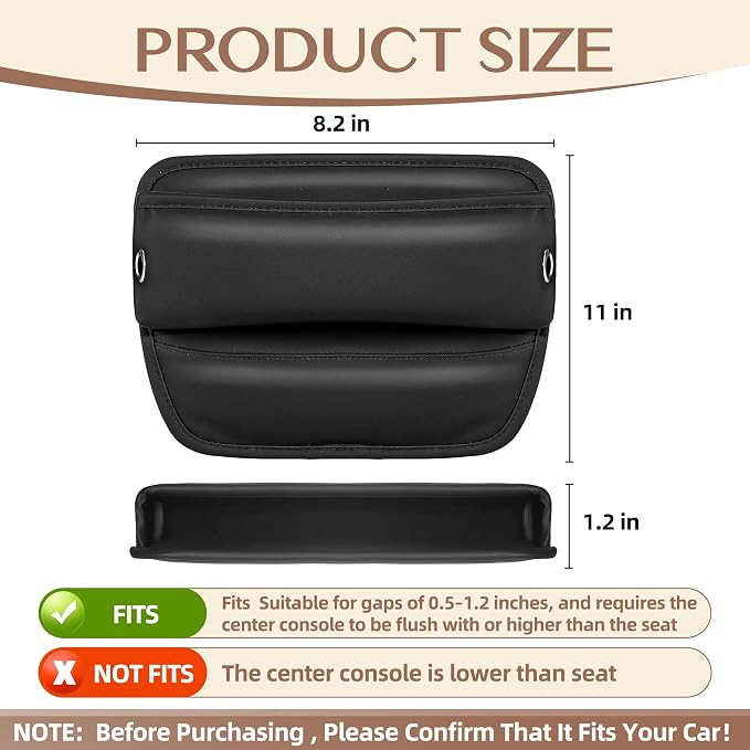Car Seat Gap Filler Organizer, Premium PU Leather Console Catcher Side Storage Box with Cable Management Holes, Universal Fit Gap Stuffer for Phones & Wallets, Black 2 Pack