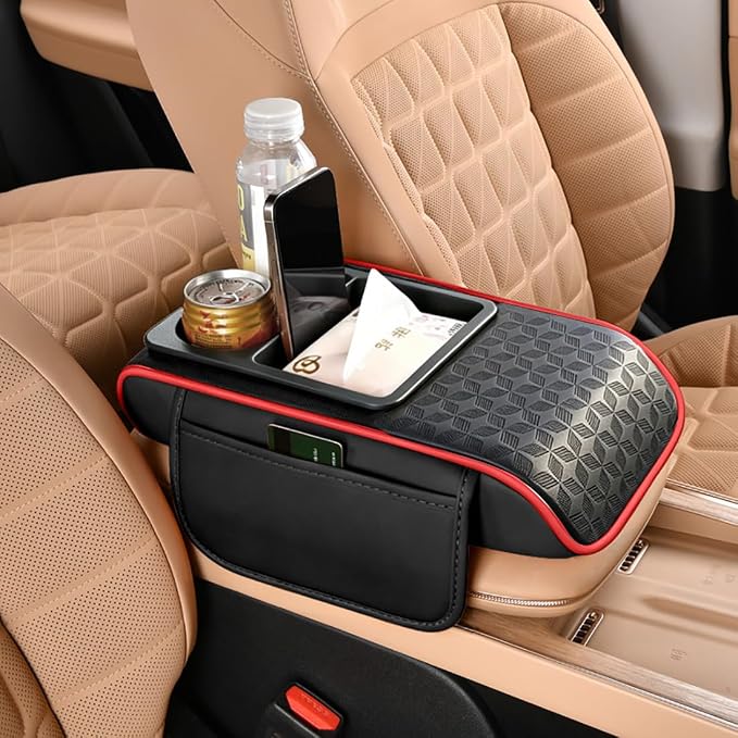 Car Center Console Cover, Auto Car Armrest Cushion 5-in-1 with Cup Holder, Tissue Box Slot, Phone Slot for Vehicle, Car Accessories Interior Storage Organizers (Black-Red)