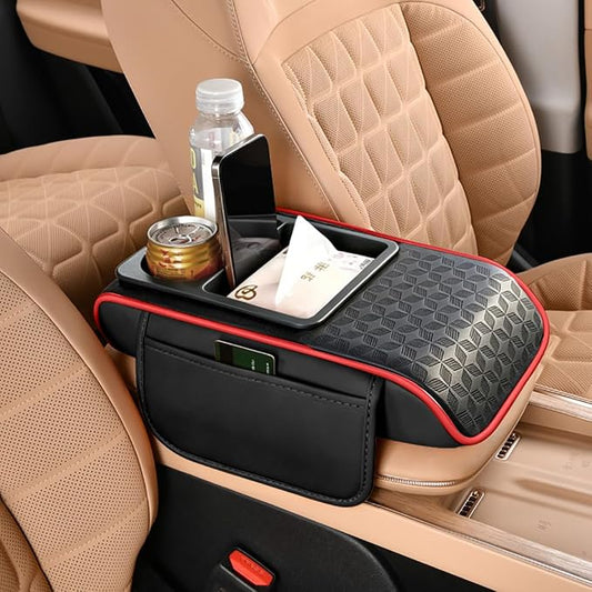 Car Center Console Cover, Auto Car Armrest Cushion 5-in-1 with Cup Holder, Tissue Box Slot, Phone Slot for Vehicle, Car Accessories Interior Storage Organizers (Black-Red)